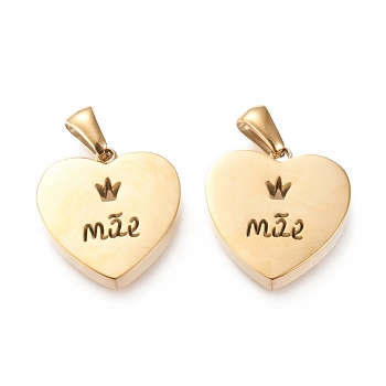Ion Plating(IP) 304 Stainless Steel Pendants, Manual Polishing, Heart with Hollow Crown and Word, Golden, 18.5x17.5x3.5mm, Hole: 3x6mm