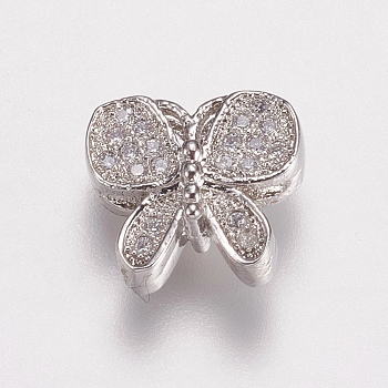 Brass Micro Pave Cubic Zirconia Beads, Butterfly, Clear, Platinum, 10x11x4.5mm, Hole: 1mm