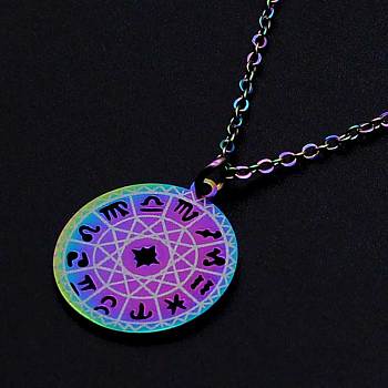 201 Stainless Steel Pendants Necklaces, with Cable Chains and Lobster Claw Clasps, Flat Round with 12 Constellation/Zodiac Sign, Rainbow Color, 15-3/4 inch(40cm), 1.5mm