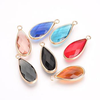 Glass Pendants, with Brass Findings, Faceted, teardrop, Nickel Free, Raw(Unplated), Mixed Color, 24x10.5x5mm, Hole: 2mm