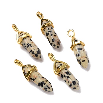 Natural Dalmatian Jasper Pendants, Faceted, with Golden Tone Brass Findings, Lead free & Cadmium Free, Bullet, 27~30x9~10x7~8mm, Hole: 4x3mm