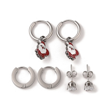 3 Pairs 3 Styles Christmas 304 Stainless Steel Hoop & Studs Earrings Set for Women, with Enamel & Cubic Zirconia, Stainless Steel Color, Santa Claus, 13~26x2~10mm, 1 pair/style