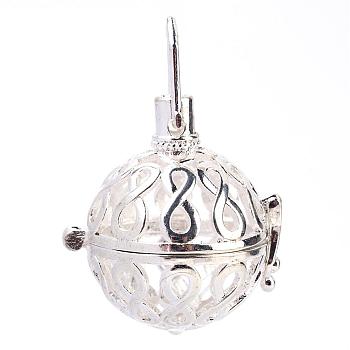 Rack Plating Brass Cage Pendants, For Chime Ball Pendant Necklaces Making, Hollow Round with Infinity, Silver Color Plated, 29x26x21.5mm, Hole: 6x8mm, inner measure: 18mm