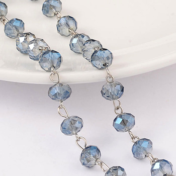 Faceted Rondelle Handmade Electroplate Glass Beads Chains, Unwelded, with Platinum Plated Brass Findings, Marine Blue, 39.3 inch, about 79pcs/m
