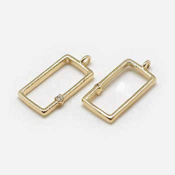 Brass Open Back Bezel Pendants, with Cubic Zirconia, For DIY UV Resin, Epoxy Resin, Pressed Flower Jewelry, Rectangle, Clear, Real 18K Gold Plated, 16x8x1mm, Hole: 1mm