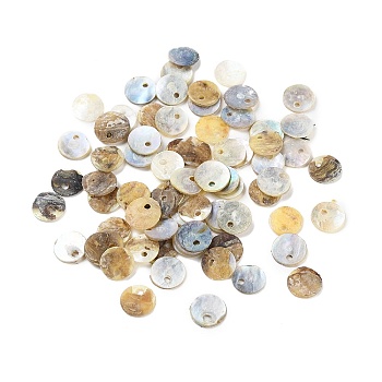 Natural Akoya Shell Flat Round Charms, Mother of Pearl Shell Charms, Seashell Color, 7~7.5x1mm, Hole: 1mm