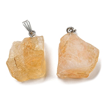 Raw Rough Natural Citrine Pendants, Nuggets Charms with Stainless Steel Tone 201 Stainless Steel Snap on Bails, 26~28.5x24~27x19~21mm, Hole: 8x3mm
