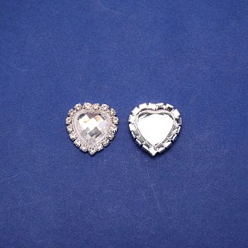 Acrylic Rhinestone Cabochons, with Zinc Alloy Findings, Heart, Silver, 21x21x5mm