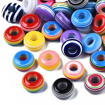 Stripe Resin Large Hole Beads, Flat Round, Mixed Color, 14x7.5mm, Hole: 5.5mm