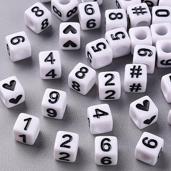 Opaque White Acrylic Beads, Cube with Black Number & Heart, Mixed, 6x6x6mm, Hole: 3.5mm, about 300pcs/50g