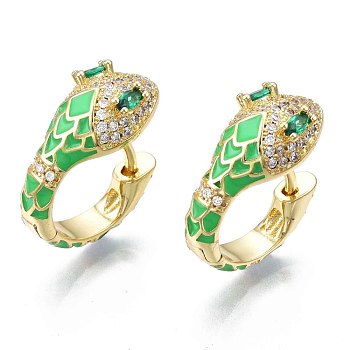 Green Cubic Zirconia Snake Huggie Hoop Earring, Real 18K Gold Plated Brass Enamel Chunky Hoop Earrings for Women, Nickel Free, Spring Green, 20x18.5x10mm, Pin: 1.5mm