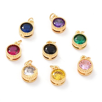 Real 18K Gold Plated Brass Inlaid Cubic Zirconia Charms, with Jump Ring, Long-Lasting Plated, Flat Round, Mixed Color, 9.5x7x4mm, Jump Ring: 4x0.5mm, 2.5mm Inner Diameter
