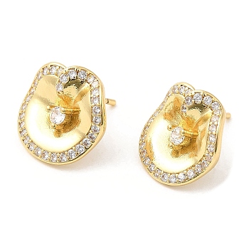 Brass Twist Flat Round Stud Earrings with Clear Cubic Zirconia, Lead Free & Cadmium Free, Real 18K Gold Plated, 14x15mm