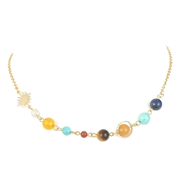 Natural & Synthetic Mixed Gemstone Beaded Necklace, Brass Sun Planet Necklace, 15.94 inch(40.5cm)