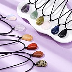 Natural & Synthetic Mixed Gemstone Teardrop Pendant Black Waxed Cord Adjustable Necklaces, 14.96~29.53 inch(38~75cm)(NJEW-G169-01)