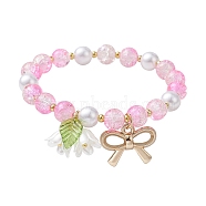 Imitation Pearl Glass & Acrylic Round Beaded Stretch Bracelets, with Alloy Bowknot Charms, Pearl Pink, Inner Diameter: 2 inch(5cm)(BJEW-JB10083-03)