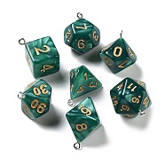 7Pcs 7 Styles Opaque Resin Polyhedral Dice Pendants Set, Multi-Sided Dice Charms with Platinum Plated Iron Loops, Mixed Shapes, Dark Green, 20~28x19~24x17~24mm, Hole: 2mm, 1pc/style(RESI-A029-01P)