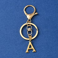 304 Stainless Steel Initial Letter Charm Keychains, with Alloy Clasp, Golden, Letter A, 8.5cm(KEYC-YW00005-01)