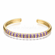 Brass Micro Pave Clear Cubic Zirconia Cuff Bangles, with Enamel, Nickel Free, Real 16K Gold Plated, Dark Orchid, Inner Diameter: 2-3/8x1-3/4 inch(5.9x4.5cm)(BJEW-N302-005D-NF)