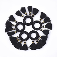 Polycotton(Polyester Cotton) Tassels Pendants, with Polyester Link Ring , Black, 45~50x25~26x3~4mm, Hole: 14mm(FIND-Q077-01)