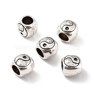 Alloy Beads, Large Hole Beads, Flat Round with Yin Yang Pattern, Antique Silver, 8.5x10x8.5mm, Hole: 5mm(PALLOY-C154-29AS)
