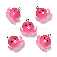 Opaque Resin Pendants, with Platinum Tone Iron Loops, Frosted, Octopus, Fuchsia, 24x24x5mm, Hole: 2mm(RESI-D055-096P)
