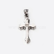 304 Stainless Steel Rhinestone Cross Pendants, Stainless Steel Color, 32x18x4mm, Hole: 6x5mm(STAS-M185-30P)