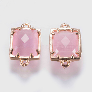 Glass Links connectors, with Brass Finding, Faceted, Rectangle, Golden, Pearl Pink, 15x9x4mm, Hole: 0.6mm(GLAA-G056-04I)