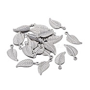 201 Stainless Steel Charms, Laser Cut, Leaf, Stainless Steel Color, 14x6x0.5mm, Hole: 0.8mm(STAS-F255-031P)