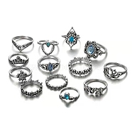 13Pcs 13 Style Rhinestone Finger Rings Set, Rhombus & Tortoise & Elephant & Crown Alloy Stackable Rings for Women, Antique Silver, Inner Diameter: 14.5~18.5mm, 1pc/style(AJEW-PW0005-03AS)
