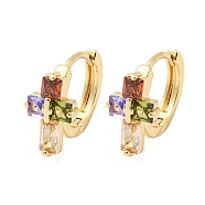 Brass Micro Pave Colorful Cubic Zirconia Hoop Earrings, Cross, Light Gold, 12.5x8mm(EJEW-E295-08KCG)