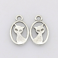 Tibetan Style Alloy Kitten Pendants, Cadmium Free & Lead Free, Oval with Cat Shape, Antique Silver, about 15mm long, 9mm wide, 2mm thick, hole: 1mm(TIBEP-R219-AS-LF)