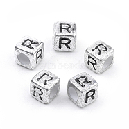 Plated Acrylic Beads, Horizontal Hole, Cube with Letter, Antique Silver, Letter.R, 6mm, Hole: 3mm, about 3000pcs/500g(PB43C9308-R)