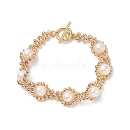 Natural Pearl Beaded Bracelet, Brass Round Braided Bracelet with 304 Stainless Steel Clasps for Women, White, 6-7/8 inch(17.4cm)(BJEW-JB09079)