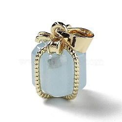 Natural Aquamarine Gift Box Charms, with Golden Plated Brass Bowknot, 15x11x11mm, Hole: 4.5x3.5mm(G-P523-01G-03)