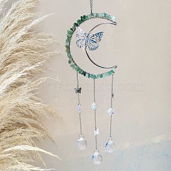 Natural Green Aventurine Chip Wrapped Moon with Butterfly Hanging Ornaments, Glass Teardrop Tassel Suncatchers for Home Outdoor Decoration, 400mm(PW-WG67734-03)