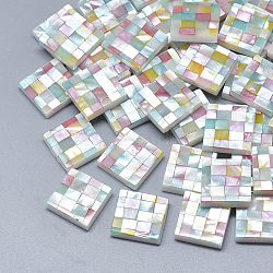 Shell Cabochons, with Resin Bottom, Square with Mosaic Pattern, Colorful, 14~15x14~15x4mm(SSHEL-S264-058B)