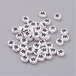 Acrylic Horizontal Hole Letter Beads, Flat Round, White, Letter W, 7x4mm, Hole: 1.2~1.8mm(X-PL37C9070-W)