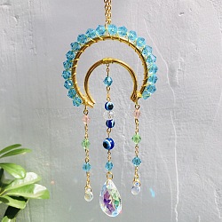 Glass Teardrop Pendant Decorations, Hanging Suncatchers, with Matal Moon Link and Evil Eye, for Home Garden Decorations, Turquoise, Pendant: 230m(PW-WG23991-01)