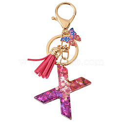 Alloy Resin Butterfly Keychains, with Lobster Claw Clasps, Golden, with Glitter Powder, Letter X, 100mm(KEYC-TADJ0002-02G-X)