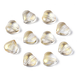 Transparent Spray Painted Glass Beads, with Glitter Powder, Heart, Gold, 7.5x8x4.5mm, Hole: 0.9mm(GGLA-S054-012B-01)