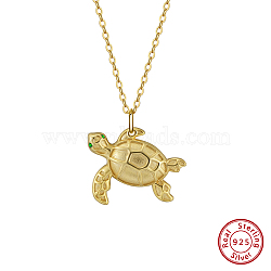 925 Sterling Silver Cable Chain Necklaces, Summer Beach Green Cubic Zirconia Turtle Pendant Necklaces, Real 14K Gold Plated, 17.72 inch(45cm)(STER-P065-13G)