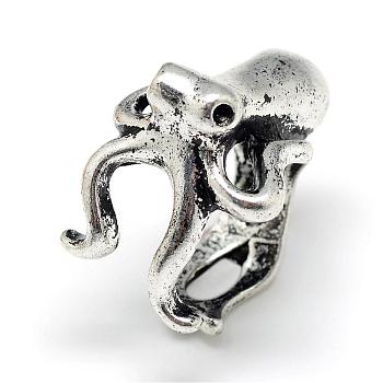 Adjustable Alloy Cuff Finger Rings, Octopus, Size 6, Antique Silver, 16mm