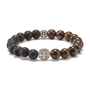 Natural Bronzite & Lava Rock Round Beads Stretch Bracelet, Stone Bracelet with Jesus Beads for Women, Inner Diameter: 2 inch(5.1cm)