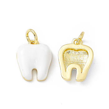Rack Plating Brass Enamel Pendants, Long-Lasting Plated, Lead Free & Cadmium Free, Real 18K Gold Plated, Tooth Charm, White, 13x10x3mm, Hole: 3mm