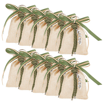 Rectangle Polyester Imitation Burlap Packing Pouches Drawstring Bags, with Alloy Ears of Wheat Pendants and Polyester Cord, BurlyWood, 14x9.5x0.5cm
