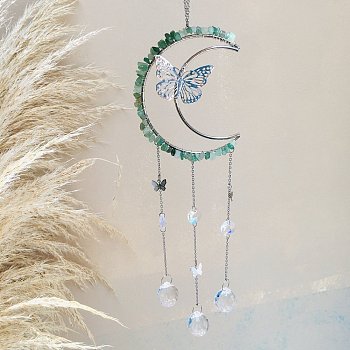 Natural Green Aventurine Chip Wrapped Moon with Butterfly Hanging Ornaments, Glass Teardrop Tassel Suncatchers for Home Outdoor Decoration, 400mm