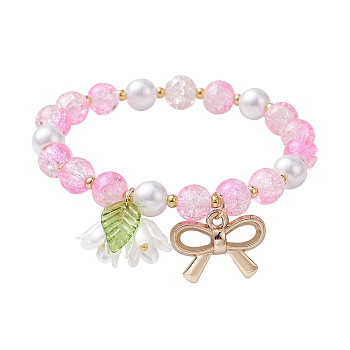 Imitation Pearl Glass & Acrylic Round Beaded Stretch Bracelets, with Alloy Bowknot Charms, Pearl Pink, Inner Diameter: 2 inch(5cm)