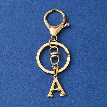 304 Stainless Steel Initial Letter Charm Keychains, with Alloy Clasp, Golden, Letter A, 8.5cm