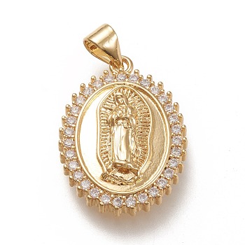 Brass Pendants, with Clear Cubic Zirconia, Oval with Holy Virgin, Clear, Real 18K Gold Plated, 23x16.5x4mm, Hole: 5x3mm
